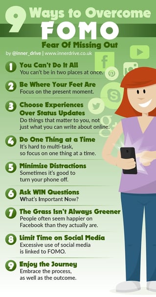 9 ways to overcome fomo (fear of missing out) infographic